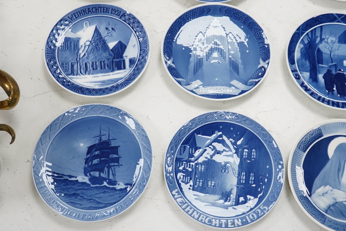 Ten Royal Copenhagen blue and white Christmas plates, 1920-1928, 18cm in diameter